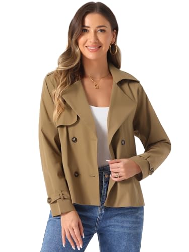 Allegra K Damen Trenchcoat Lässig mit Revers Zweireihig Oberbekleidung Kurze Jacke Braun XL von Allegra K