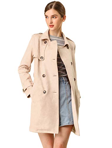Allegra K Damen-Trenchcoat mit gekerbtem Revers, zweireihig, Kunstwildleder, Jacke mit Gürtel Gr. 38, aprikose von Allegra K