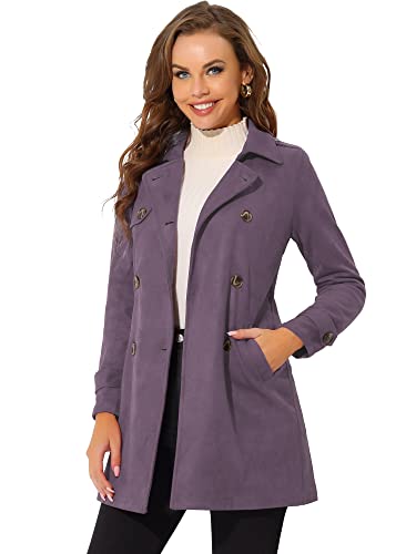 Allegra K Damen Trenchcoat Langarm Zweireiher Faux Wildleder Mantel Wintermantel Grau Lila L von Allegra K