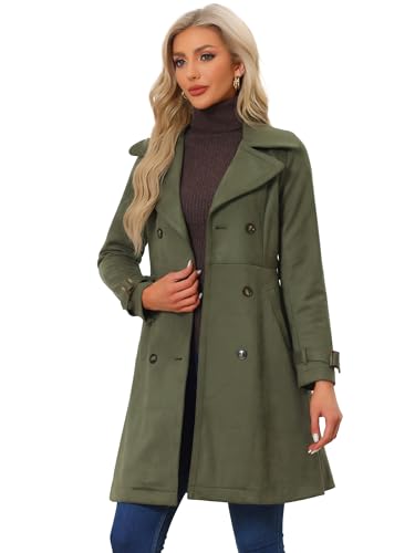 Allegra K Damen Trenchcoat Wildlederimitat Gekerbtem Revers Manschetten Zweireihig Bindegürtel Mantel Armeegrün L von Allegra K