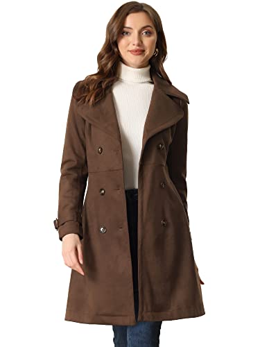 Allegra K Damen Trenchcoat Wildlederimitat Gekerbtem Revers Manschetten Zweireihig Bindegürtel Mantel Kaffee M von Allegra K