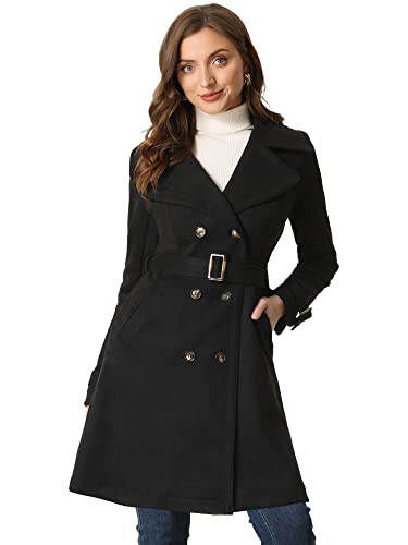 Allegra K Damen Trenchcoat Wildlederimitat Gekerbtem Revers Manschetten Zweireihig Bindegürtel Mantel Schwarz L von Allegra K
