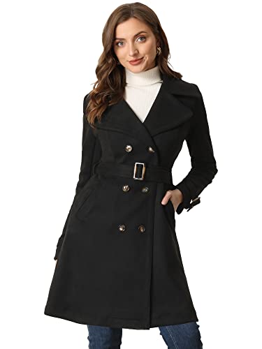 Allegra K Damen Trenchcoat Wildlederimitat Gekerbtem Revers Manschetten Zweireihig Bindegürtel Mantel Schwarz S von Allegra K