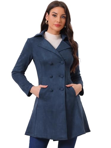 Allegra K Damen-Trenchcoat aus Wildlederimitat, zweireihig, gekerbtes Revers, langer Wintermantel, Dunkelblau, L Allegra K Damen-Trenchcoat aus Wildlederimitat, zweireihig, gekerbtes Revers, langer Wintermantel, Dunkelblau, L von Allegra K