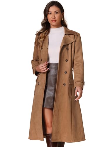 Allegra K Damen Trenchcoat aus Wildlederimitat Zweireihig mit Revers Gürtel Langen Ärmeln Mäntel Braun S von Allegra K