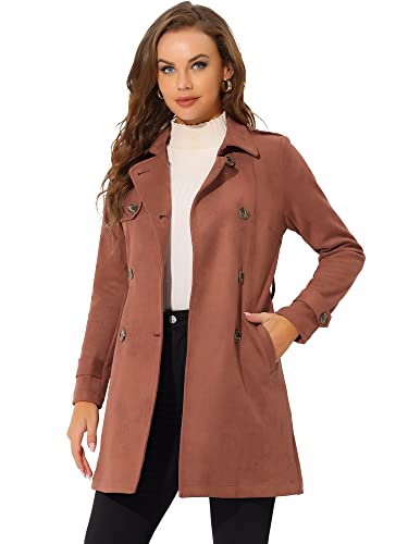 Allegra K Damen-Trenchcoat mit Gürtel, doppelreihig, Wildlederimitat, mit Gürtel, Caramel, M von Allegra K