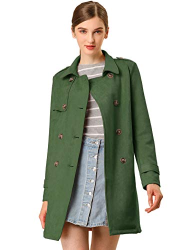 Allegra K Damen Day Trenchcoat mit gekerbtem Revers, zweireihig, Wildlederimitat, mit Gürtel, grün, 38 von Allegra K