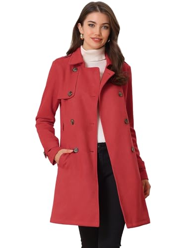 Allegra K Damen Trenchcoat mit gekerbtem Revers, zweireihig, Wildlederimitat, mit Gürtel, Rot/Ausflug, einfarbig (Getaway Solids), L von Allegra K