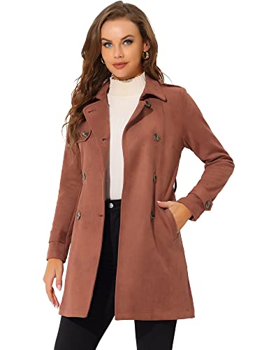 Allegra K Damen Trenchcoat mit gekerbtem Revers Zweireihig Faux Wildleder Trenchcoat Jacke mit Gürtel, Caramel, XS von Allegra K