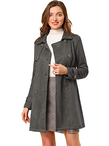 Allegra K Damen Trenchcoat mit gekerbtem Revers Zweireihig Faux Wildleder Trenchcoat Jacke mit Gürtel, Dunkel_Grau, M von Allegra K