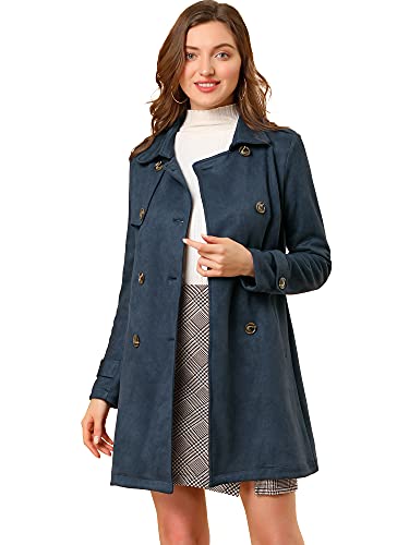 Allegra K Damen Trenchcoat mit gekerbtem Revers Zweireihig Faux Wildleder Trenchcoat Jacke mit Gürtel, Dunkelblau, XL von Allegra K