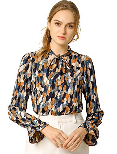 Allegra K Damen Trompetenärmel Schleife V Neck Blumen Top Bluse Blau Orange XS von Allegra K