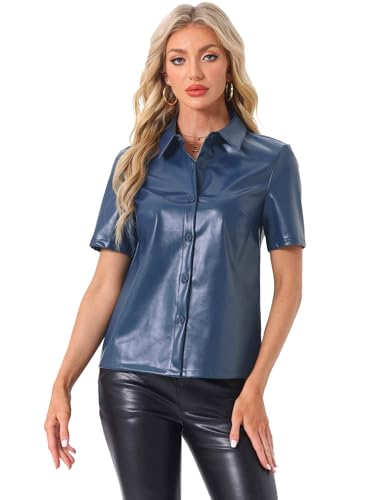 Allegra K Damen Tuniken PU Leder Button Down Hemd Kurzarm Bluse Jacke Party Club Top Blau L von Allegra K