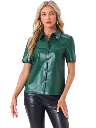 Allegra K Damen Tuniken PU Leder Button Down Hemd Kurzarm Bluse Jacke Party Club Top Dunkel Grün XL von Allegra K