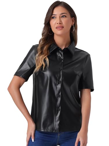 Allegra K Damen Tuniken PU Leder Button Down Hemd Kurzarm Bluse Jacke Party Club Top Schwarz M von Allegra K