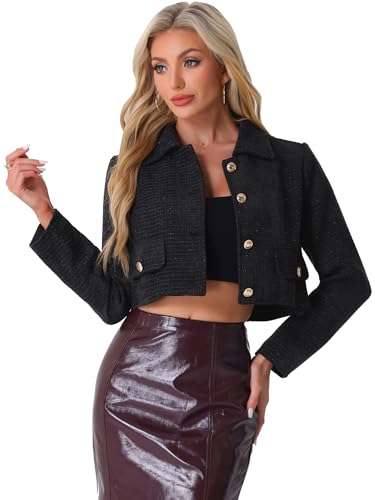 Allegra K Damen Tweed Blazer Kurzer Anzug Langärm Crop-Jacke Schwarz XL von Allegra K