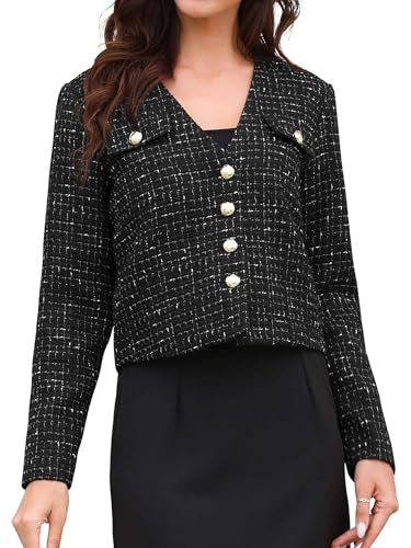 Allegra K Damen Tweed-Blazer Langärm Button-Down Kragenlos Elegant Business Kurze Jacke Schwarz M von Allegra K