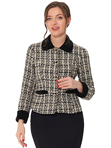 Allegra K Damen Tweed Blazer Langarm Revers Knopfleiste Karierte Samt Elegante Jacke Aprikose XL von Allegra K