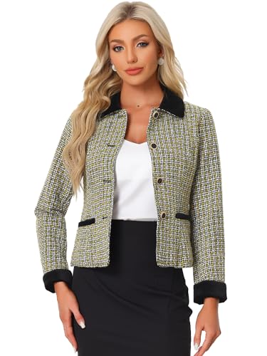 Allegra K Damen Tweed Blazer Langarm Revers Knopfleiste Karierte Samt Elegante Jacke Schwarz Gelb M von Allegra K