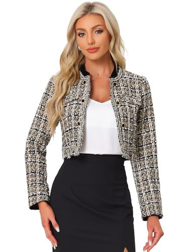 Allegra K Damen Tweed Blazer Mit Stehkragen Zweireihig Elegant Kariert Bauchfreie Jacke Khaki M von Allegra K