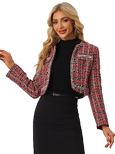 Allegra K Damen Tweed Blazer Mit Stehkragen Zweireihig Elegant Kariert Bauchfreie Jacke Rot L von Allegra K