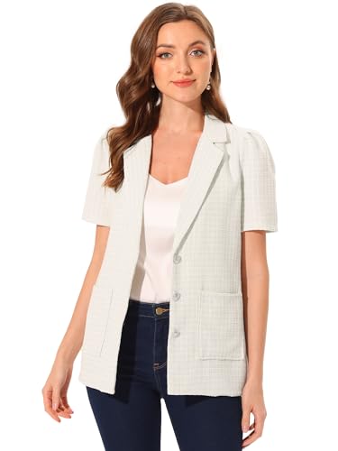 Allegra K Damen Tweed Blazer Revers Knopfleiste Kurzärm Business Arbeit Blazers mit Taschen Beige M von Allegra K