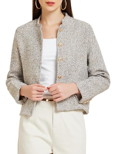 Allegra K Damen Tweed Blazer Stehkragen Langarm Kurz Blazer Jacke Beige L von Allegra K