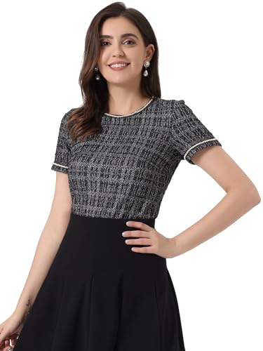 Allegra K Damen Tweed Bluse Kurzarm Rundhalsausschnitt Perlenverzierung Lässig Oberteil Schwarz-Weiss L von Allegra K