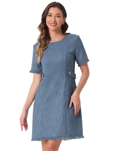 Allegra K Damen Tweed Jackie Kleid Rundhals Kurze Ärmel Arbeit Elegante Lässige A-Linien Midikleider Blau L von Allegra K