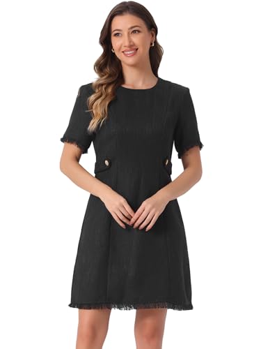 Allegra K Damen Tweed Jackie Kleid Rundhals Kurze Ärmel Arbeit Elegante Lässige A-Linien Midikleider Schwarz M von Allegra K