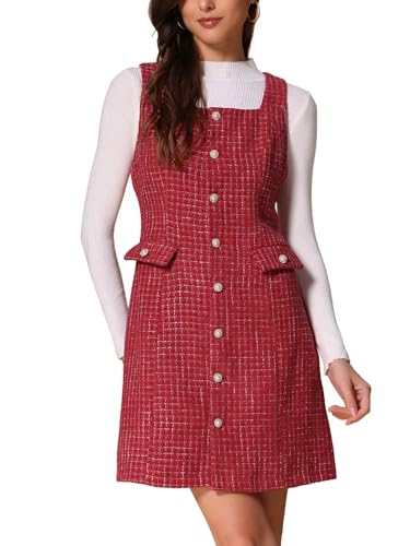 Allegra K Damen Tweed-Kleid Ärmellos Quadratischer Knopfleiste A-Linie Trägerkleid Dunkelrot M von Allegra K