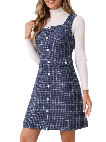 Allegra K Damen Tweed-Kleid Ärmellos Quadratischer Knopfleiste A-Linie Trägerkleid Navy blau S von Allegra K