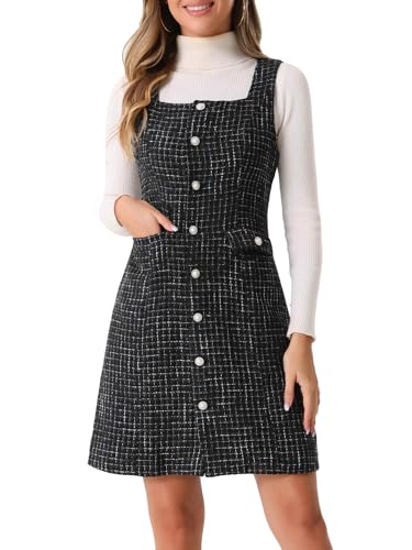 Allegra K Damen Tweed-Kleid Ärmellos Quadratischer Knopfleiste A-Linie Trägerkleid Schwarz M von Allegra K