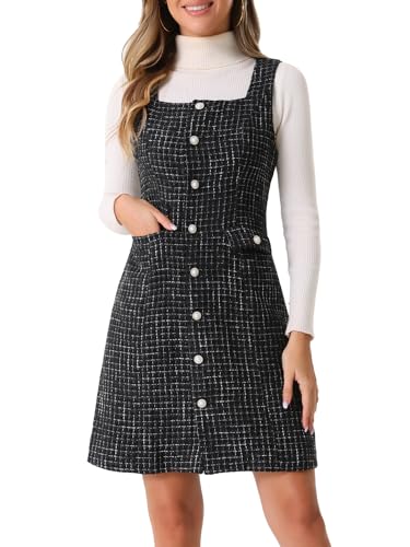 Allegra K Damen Tweed-Kleid Ärmellos Quadratischer Knopfleiste A-Linie Trägerkleid Schwarz S Allegra K Damen Tweed-Kleid Ärmellos Quadratischer Knopfleiste A-Linie Trägerkleid Schwarz S von Allegra K