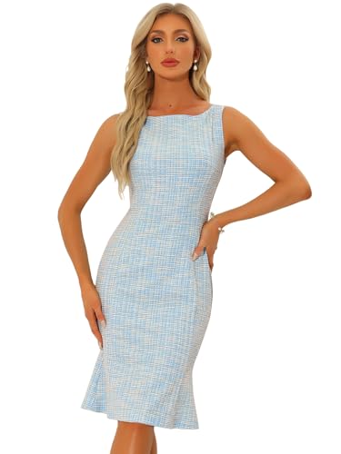 Allegra K Damen Tweed Kleid Ärmellose Elegante Karierte Bodycon Sommer Midi Kleider Blau M von Allegra K