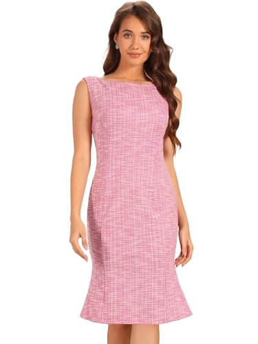 Allegra K Damen Tweed Kleid Ärmellose Elegante Karierte Bodycon Sommer Midi Kleider Heiß Rosa L von Allegra K