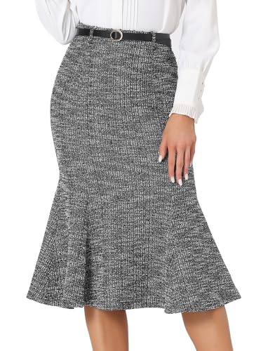 Allegra K Damen Tweed-Midirock Fischschwanz Bodycon Röcke mit Karomuster Gürtel Schwarz L von Allegra K