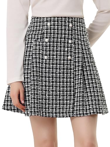 Allegra K Damen Tweed Rock Hoher Bund Karierter Elegant A-Linien Kurz Karo Rock Schwarz-Weiss XS von Allegra K