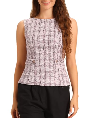 Allegra K Damen Tweed Top Eleganter Karomuster Ärmellos Rundhals Kariert Reißverschluss Rückseite Weste Rosa Weiß M von Allegra K