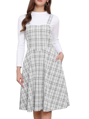 Allegra K Damen Tweedkleid Ärmellos Quadratischer Kariert A-Linie Latzkleid Beige XL von Allegra K