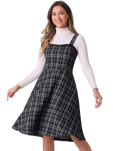 Allegra K Damen Tweedkleid Ärmellos Quadratischer Kariert A-Linie Latzkleid Schwarz L von Allegra K