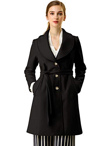 Allegra K Damen Wintermantel Umlegekragen Einreiher Bindegürtel Trenchcoat Lang Mantel Schwarz XL von Allegra K