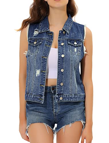 Allegra K Damen Jeansweste Ärmellos Umlegekragen Distressed Knopfleiste Weste Blau M von Allegra K