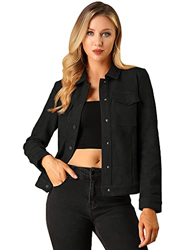 Allegra K Damen Umlegekragen Pattentaschen Druckknopf Faux Wildleder Jacke, Schwarz, S von Allegra K