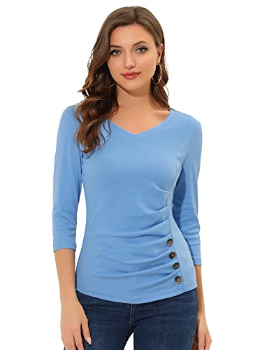 Allegra K Damen V-Ausschnitt 3/4 Ärmel Solide Strickknöpfe Dekor Rüschenoberteil, Hell, blau, X-Klein Allegra K Damen V-Ausschnitt 3/4 Ärmel Solide Strickknöpfe Dekor Rüschenoberteil, Hell, blau, X-Klein von Allegra K