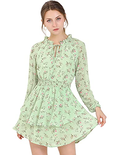 Allegra K Damen Kleid Langarm V-Ausschnitt Rüschen Chiffon Blumenmuster Minikleid Grün L von Allegra K