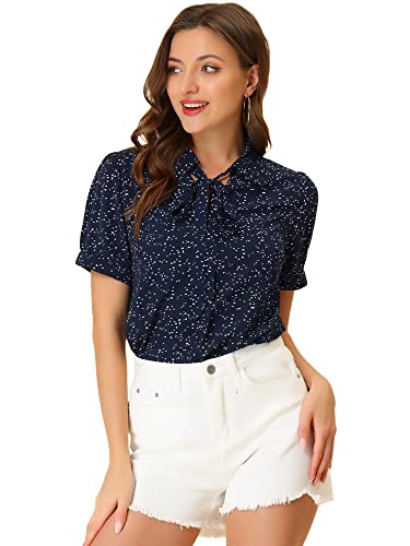 Allegra K Damen Polka Dots Oberteil Kurzarm Bubikragen Krawatten Ausschnitt Chiffon Punkte Top Bluse Blau L von Allegra K