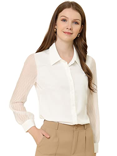 Allegra K Damen V-Ausschnitt Durchsichtig Elegant Langarm Oberteil Knopfleiste Chiffon Hemd Top Bluse Weiß XS von Allegra K