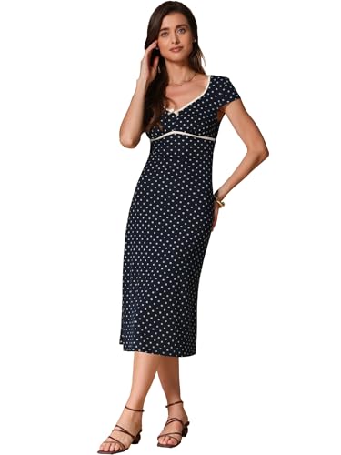 Allegra K Damen V-Ausschnitt Flügelärmel Polka Dots Sommer Casual Klassisch Midikleid Dunkelblau XL von Allegra K