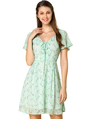 Allegra K Damen V-Ausschnitt Lace-up Blumen Minikleid Kurzarm Volant Chiffon Kleid Hellgrün M von Allegra K